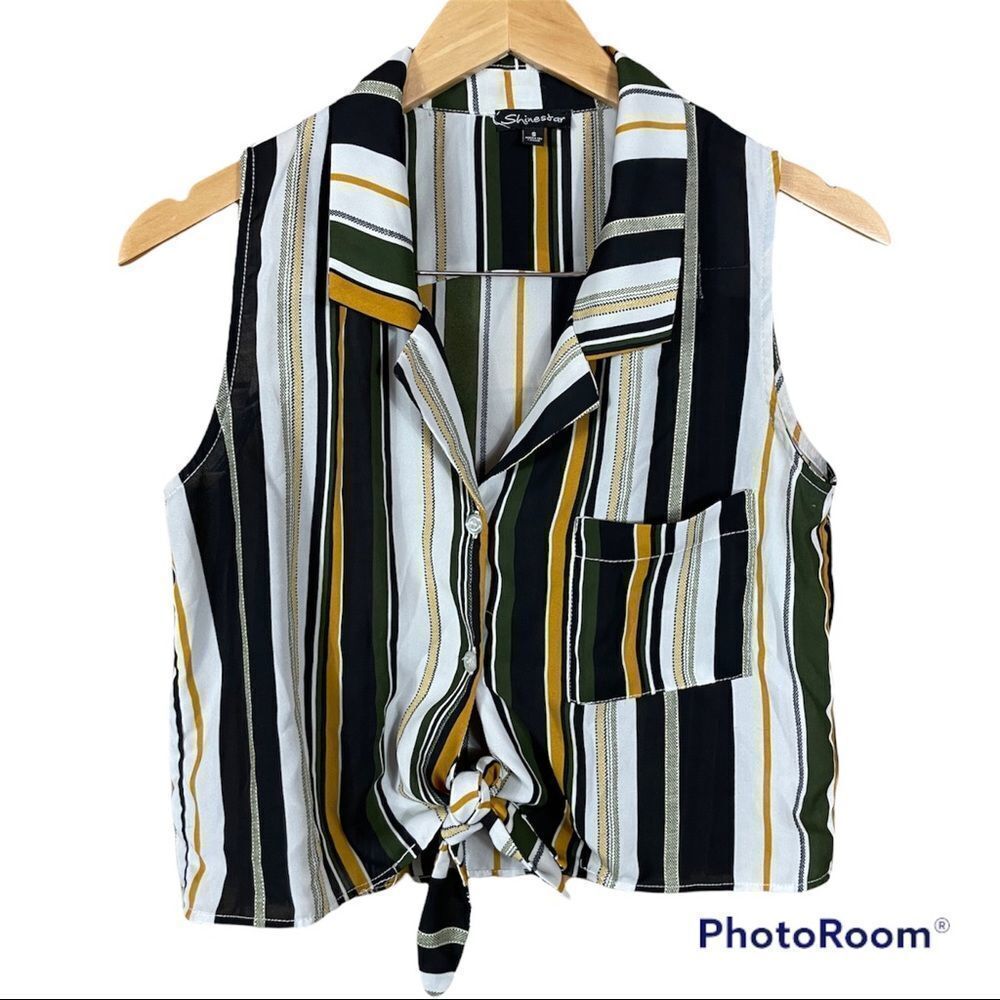 Shinestar striped tie front button up sleeveless blouse black yellow
